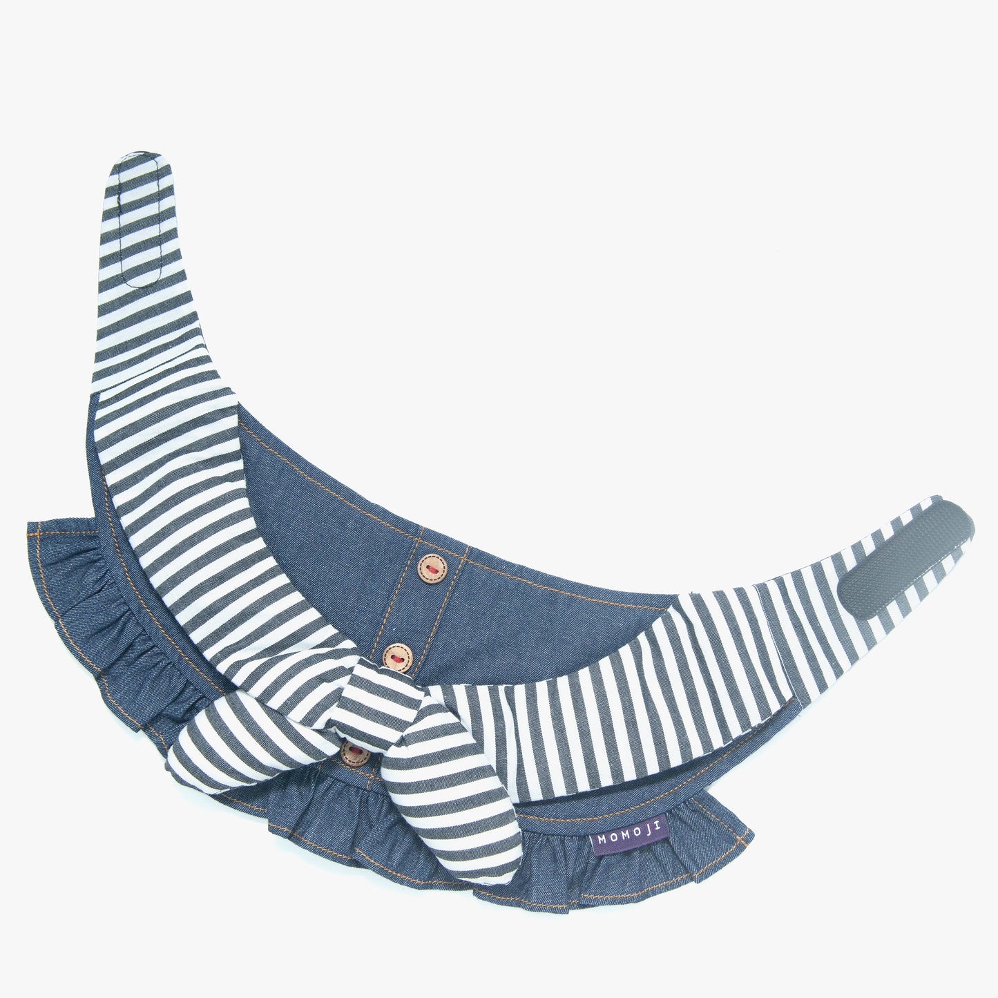 Michelle denim bandana laid open, showing the striped scarf and ruffle