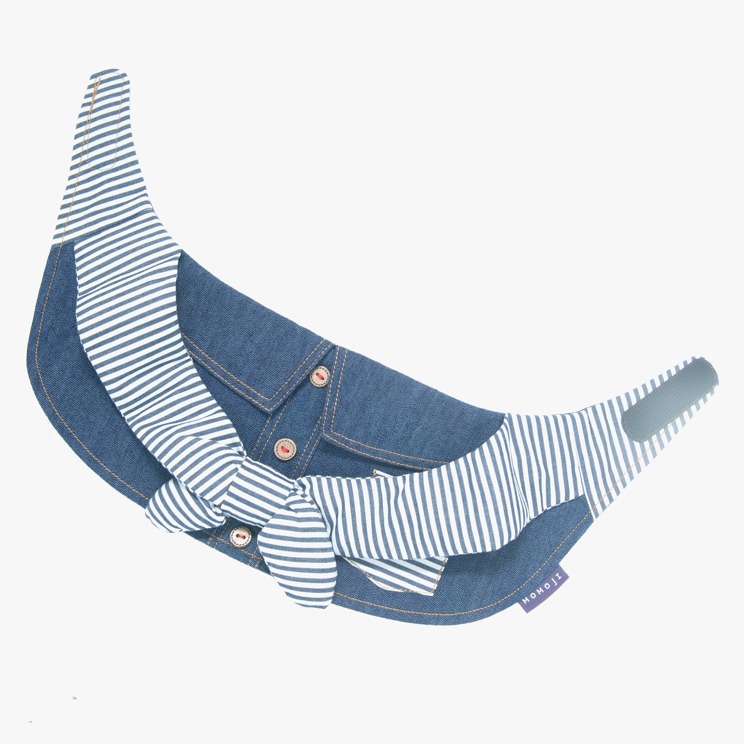 Michael denim bandana laid open, showing the striped scarf and buttons