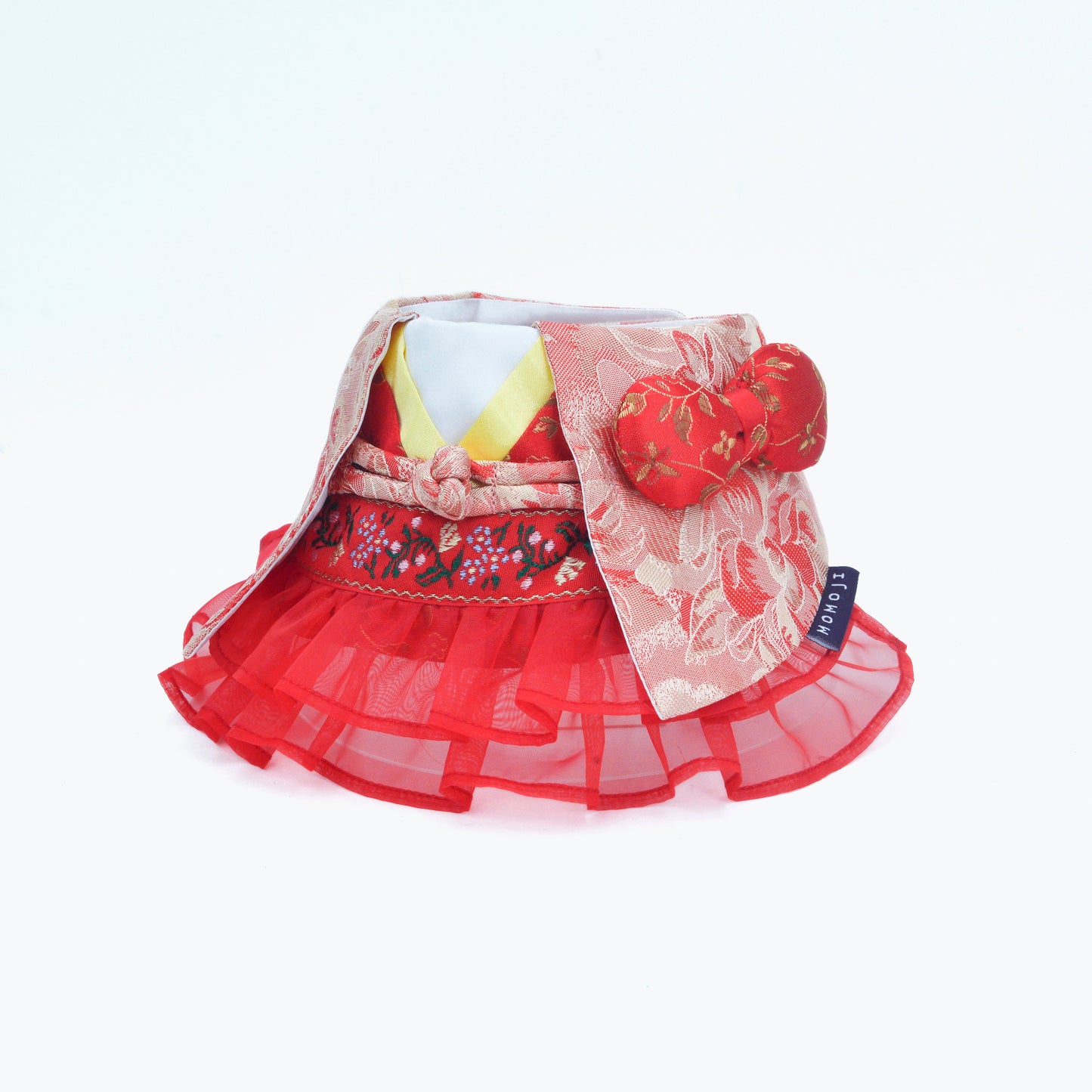 Shine red floral Hanfu bandana with a heart button and tulle ruffle