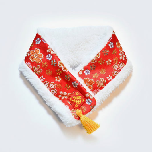 Red floral Fiesta pet scarf with traditional pattern, designed by Momoji Canada for Lunar New Year.