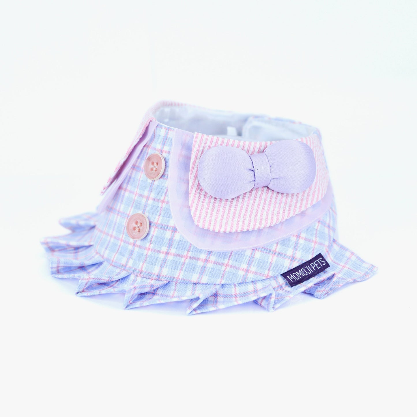 Evelyn blue plaid bandana with pink collar and bow