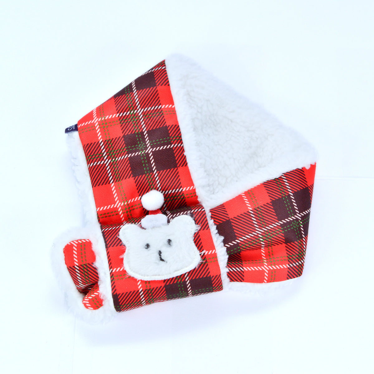 Beary Christmas red tartan scarf with sherpa lining and bear patch