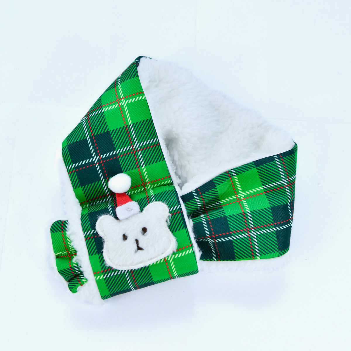 Beary Christmas green tartan scarf with sherpa lining and bear patch