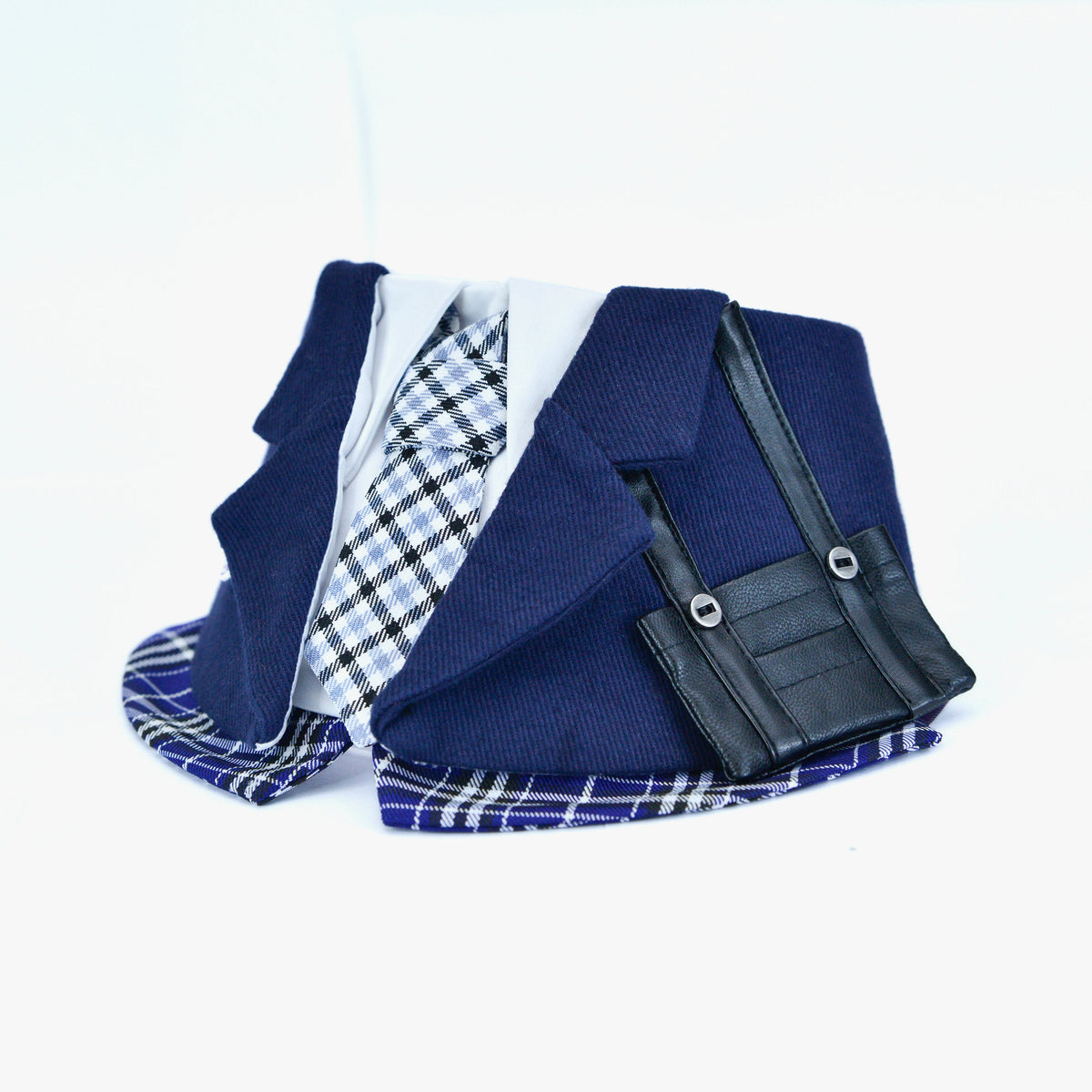 Midnight Blue Morrison Hill Boys bandana with plaid tie, badge and black mini satchel