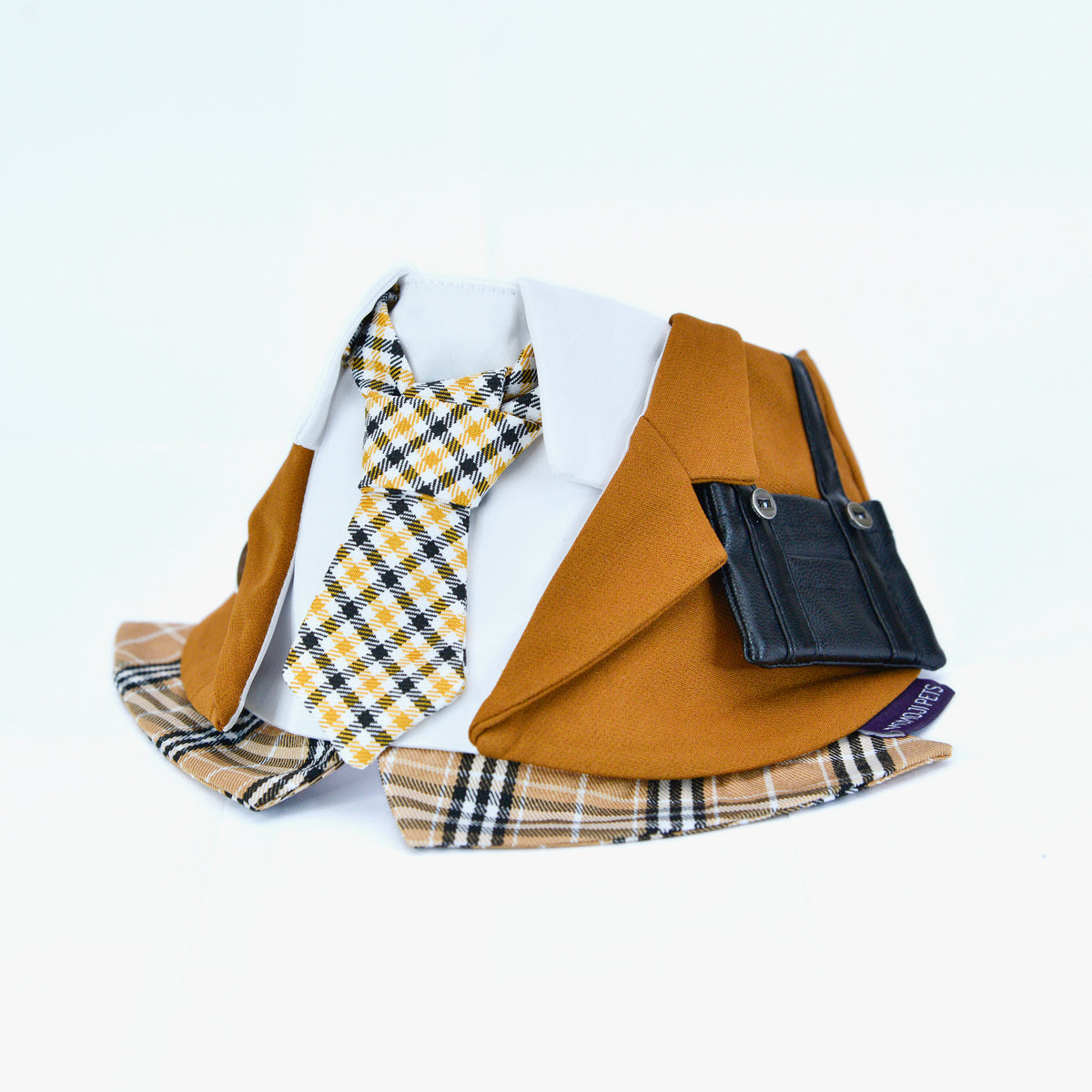 Clay Brown Morrison Hill Boys bandana with yellow plaid tie and black mini satchel