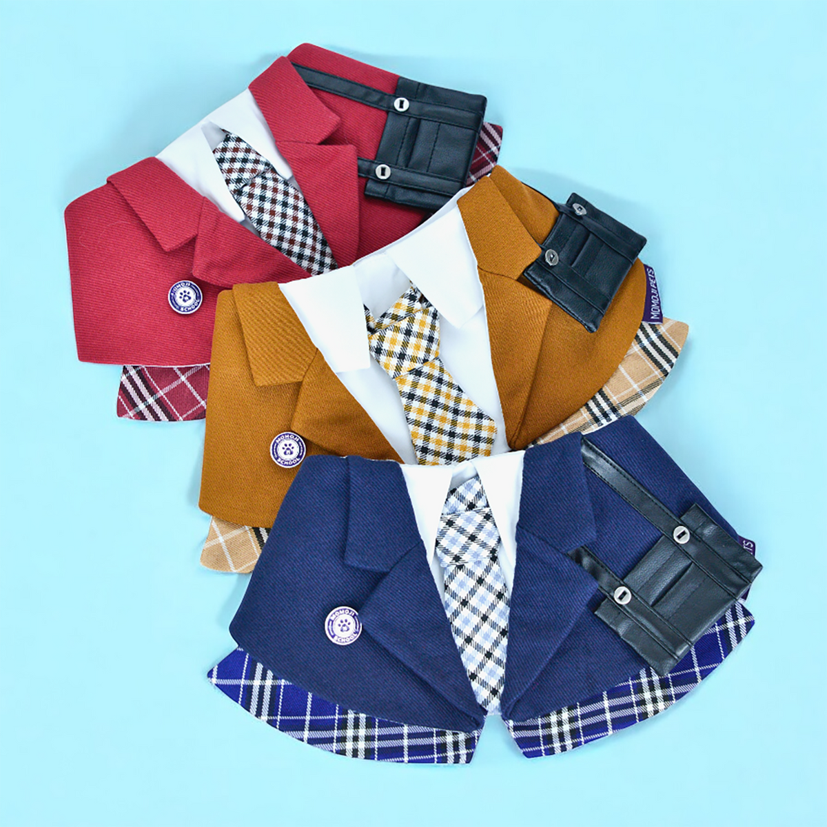 Morrison Hill Boys school blazer bandanas in Burgundy Red, Clay Brown and Midnight Blue with plaid tie and mini satchel