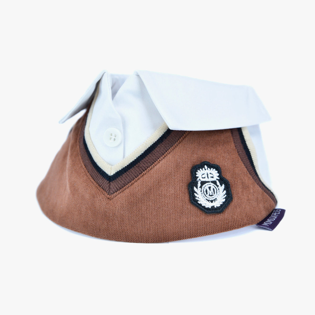 Brown Bear Leighton Boys bandana, side view, with white collar, striped V-neck and crest badge