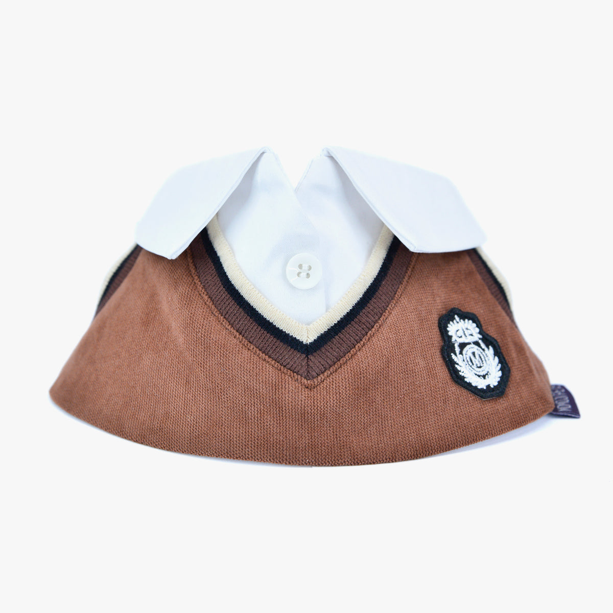 Brown Bear Leighton Boys bandana, front view, with white button collar