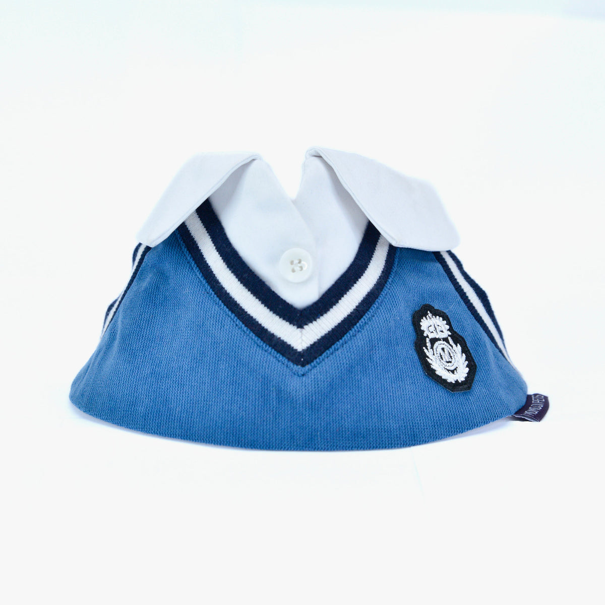 Faded Blue Leighton Boys bandana, front view, with white button collar