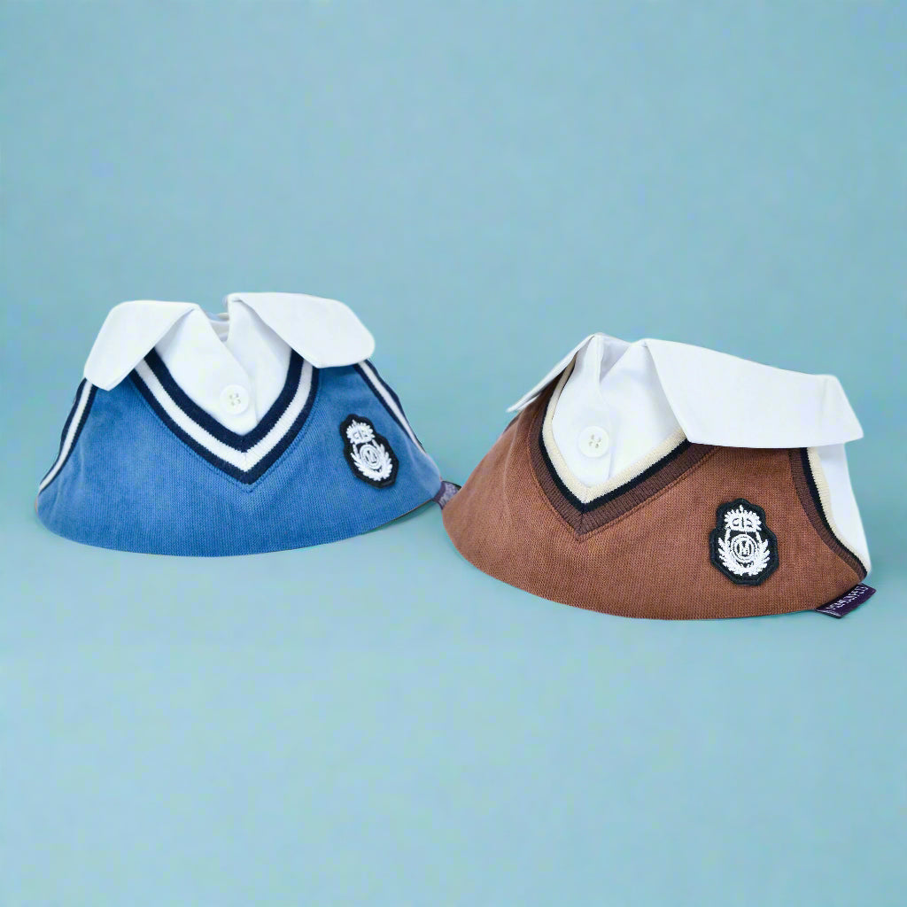 Leighton Boys school sweater vest bandanas in Faded Blue and Brown Bear with white shirt collar and crest badge