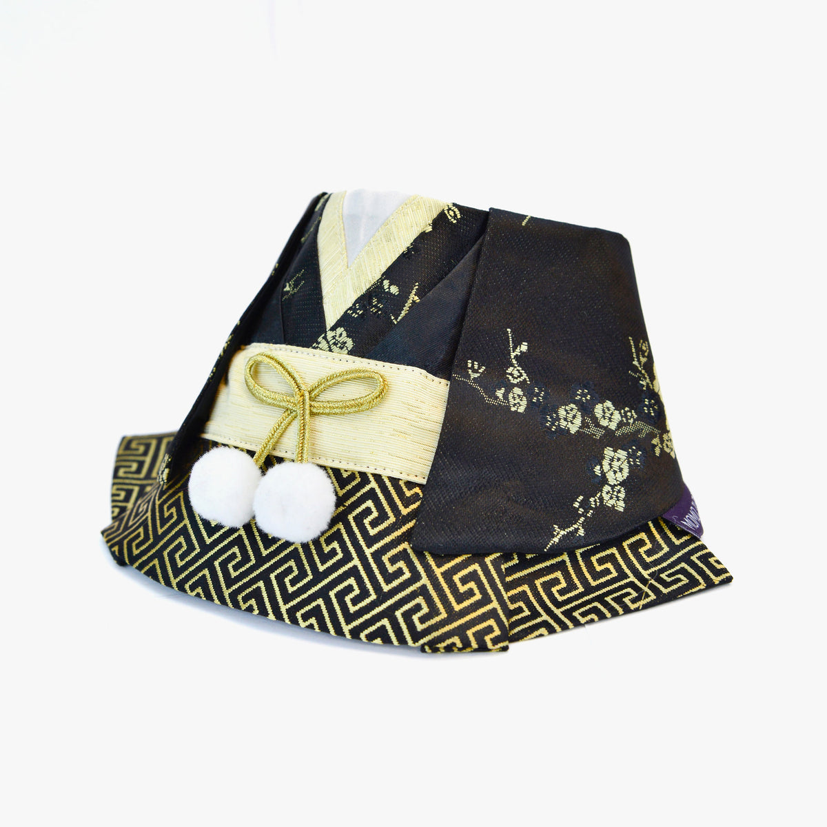 Meguro black floral kimono bandana with gold cord and white pom-poms