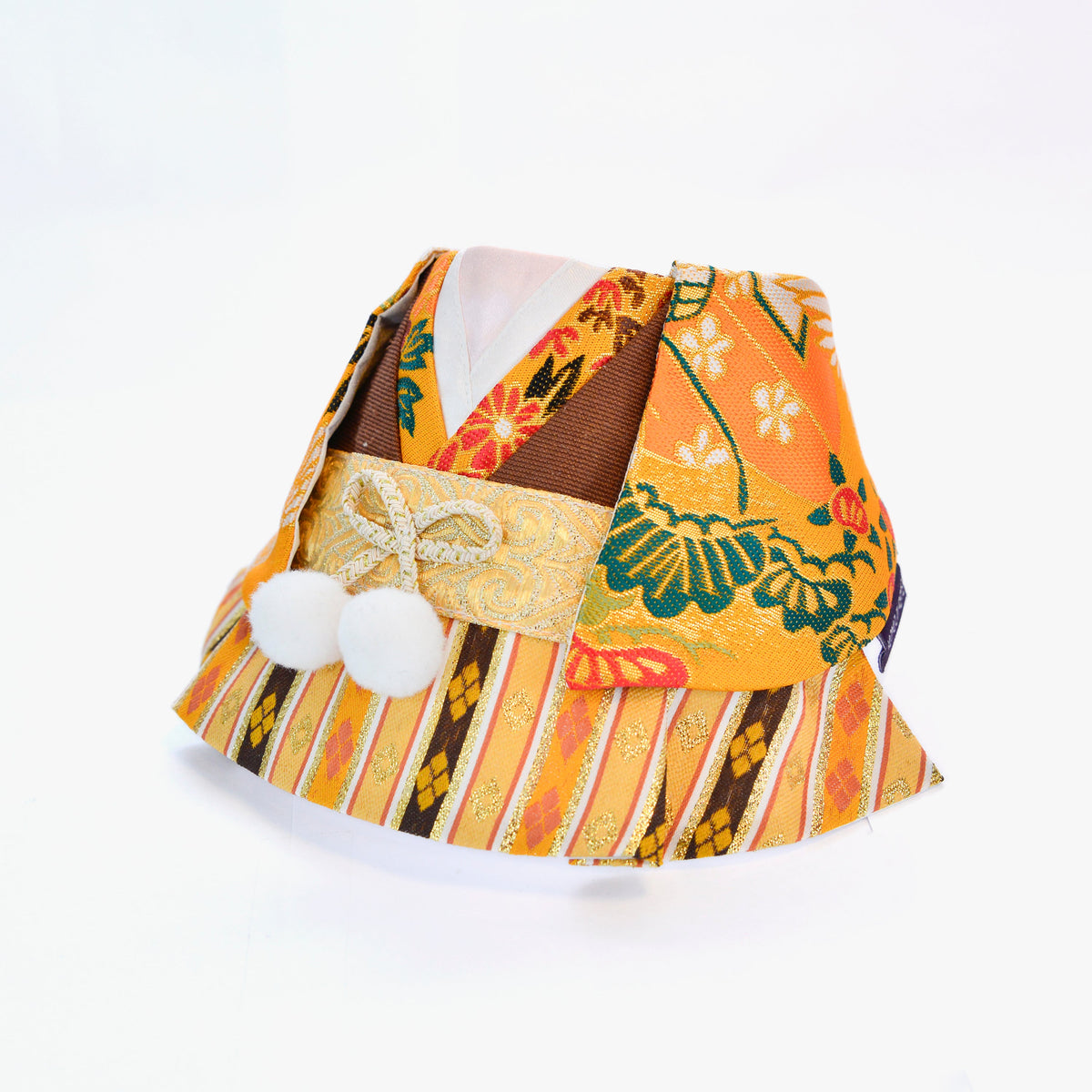 Meguro orange floral kimono bandana with gold cord and white pom-poms