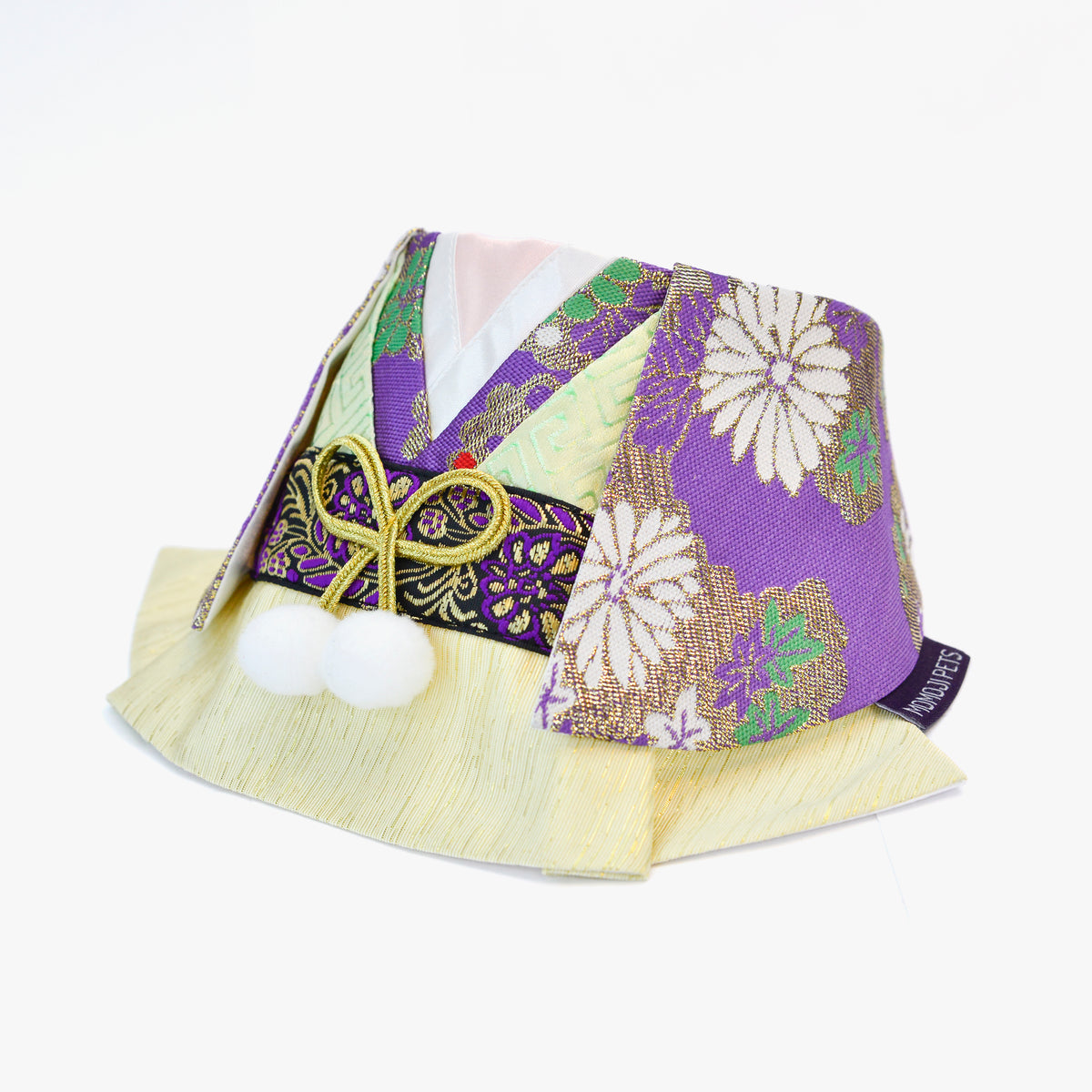 Meguro purple chrysanthemum kimono bandana with gold cord and pom-poms