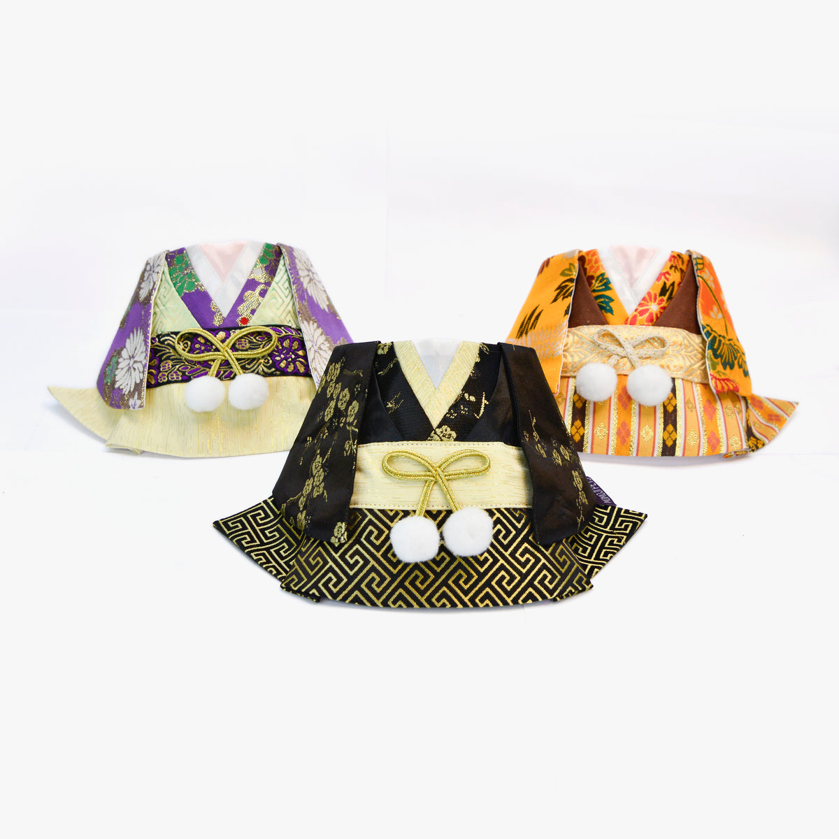 Meguro kimono bandanas in purple, black and orange with pom-pom ties
