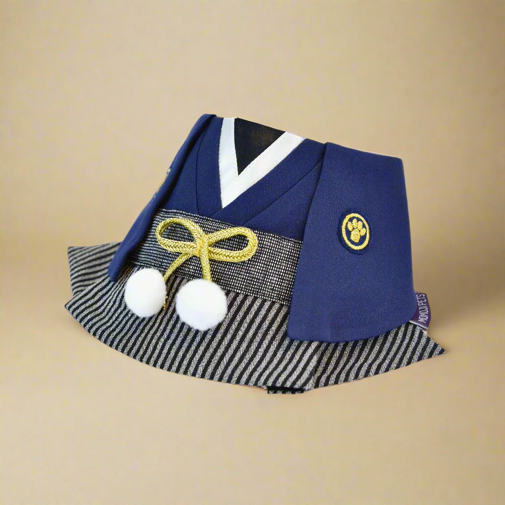 Nippori navy hakama bandana with striped skirt, gold cord and pom-poms