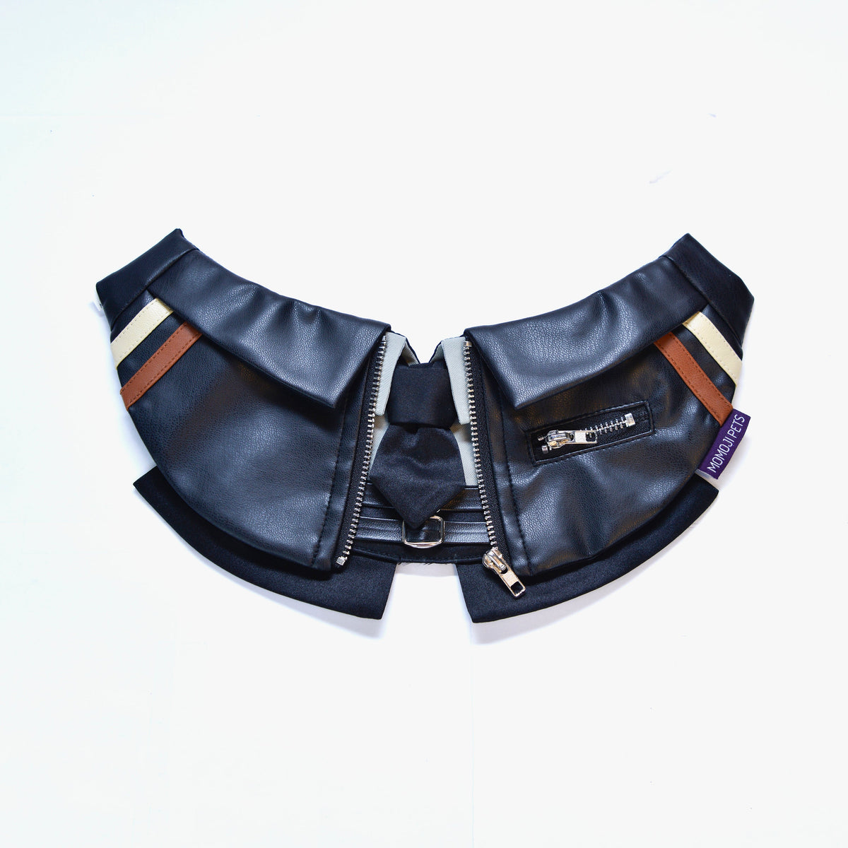 Shin black leather-look biker bandana with zips and striped trim, front view