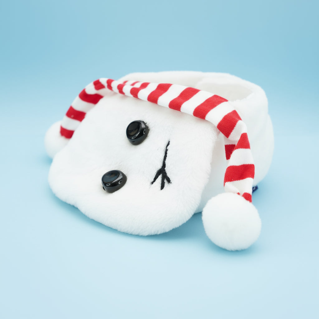Momosnow white plush snowman bandana with red and white striped scarf