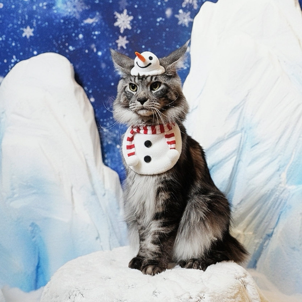 Cat in a snowy scene wearing the Momosnow snowman bandana and hat
