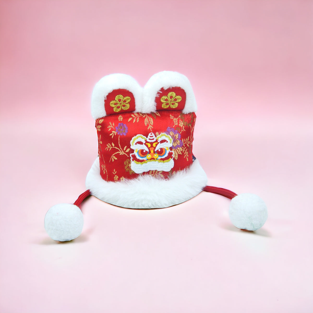 Dancing Lion red lion dance hat with plush ears and white pom-poms
