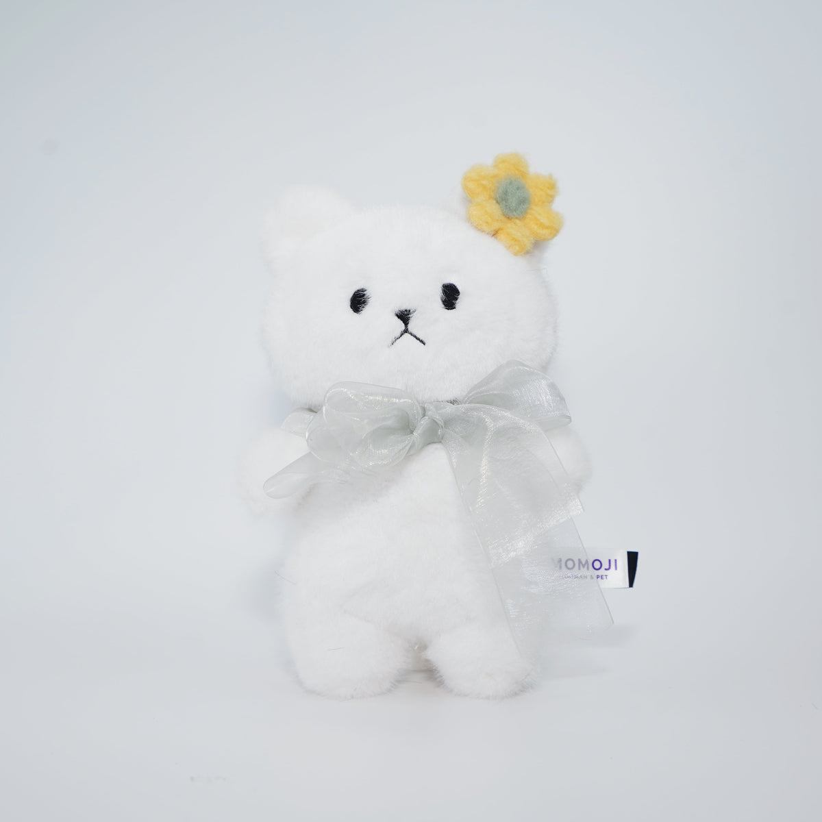 White Momoji Bear plush with sheer ribbon and yellow flower clip