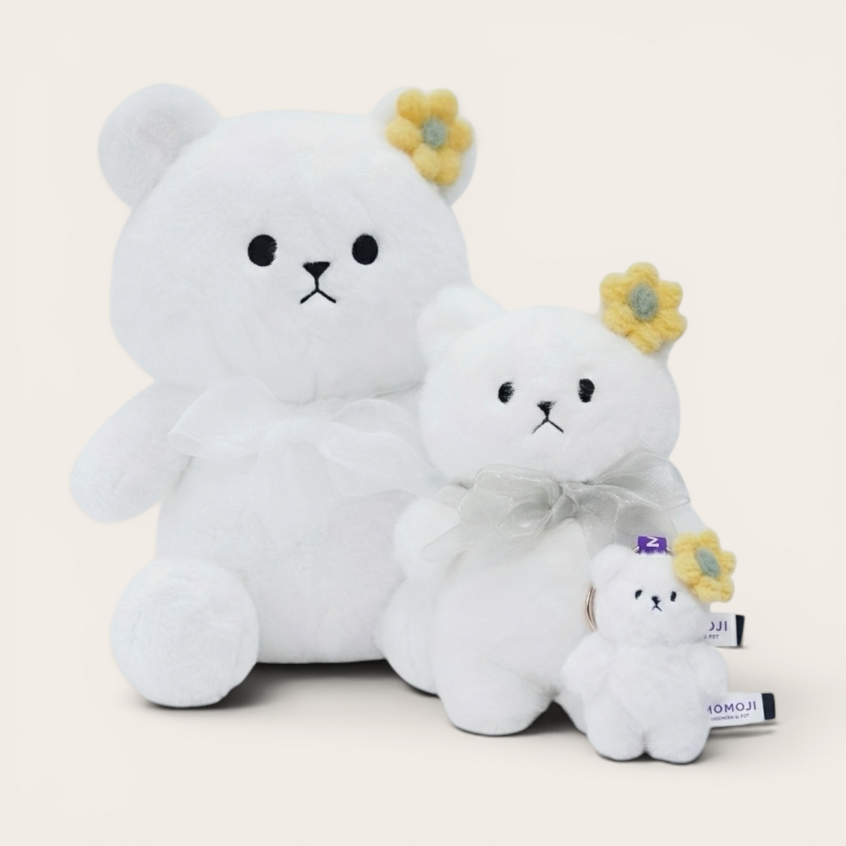 White Momoji Bear plush family in three sizes