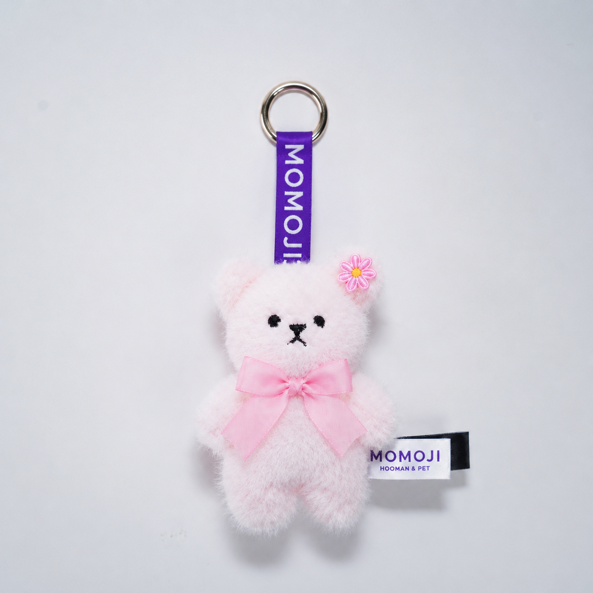 Pink Momoji Bear keyring with flower clip and bow