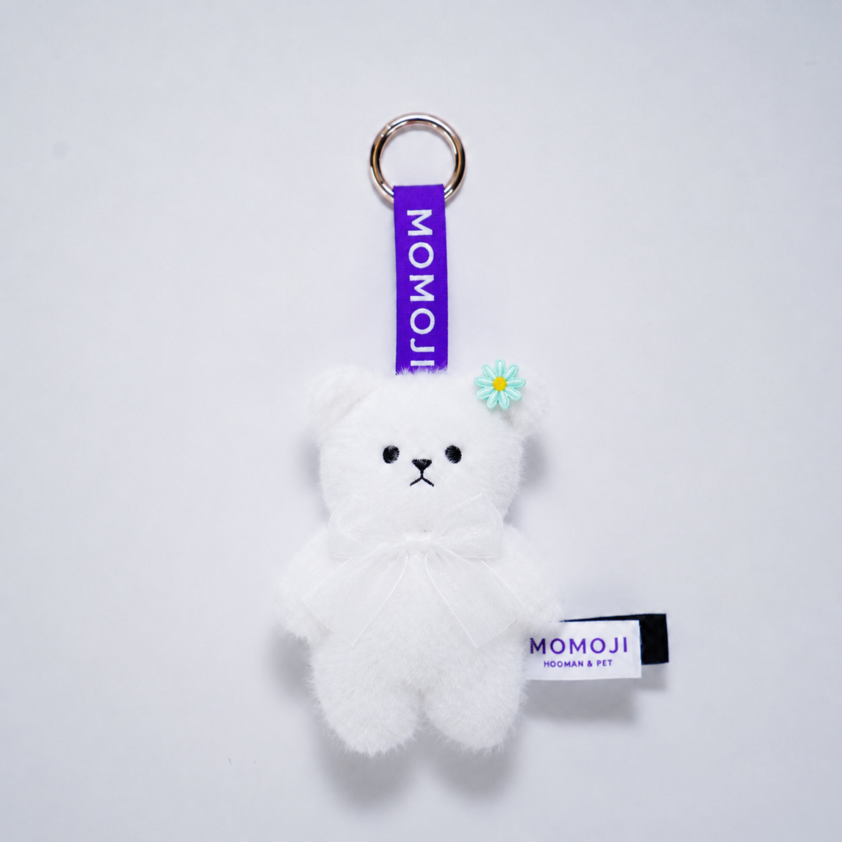 White Momoji Bear keyring with flower clip