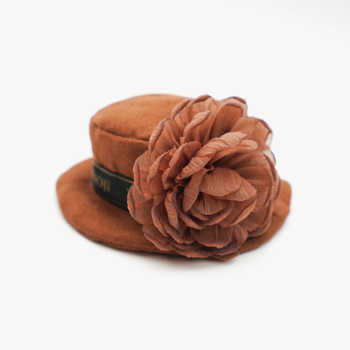 Piccadilly rust hat with fabric rose, side view