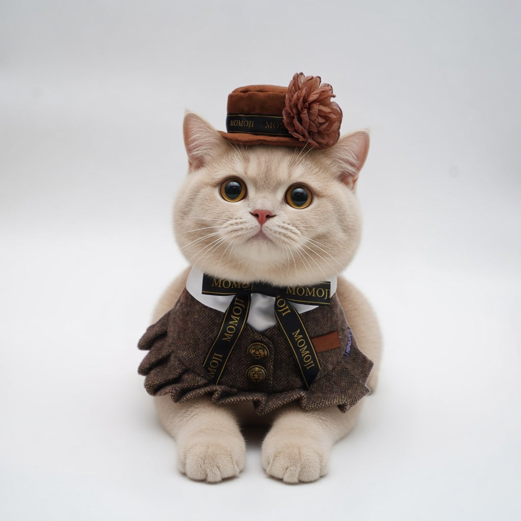 Cream cat wearing the Piccadilly rose hat and tweed bandana