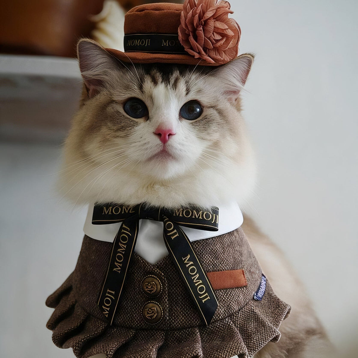 Ragdoll cat wearing the Piccadilly rose hat and tweed bandana