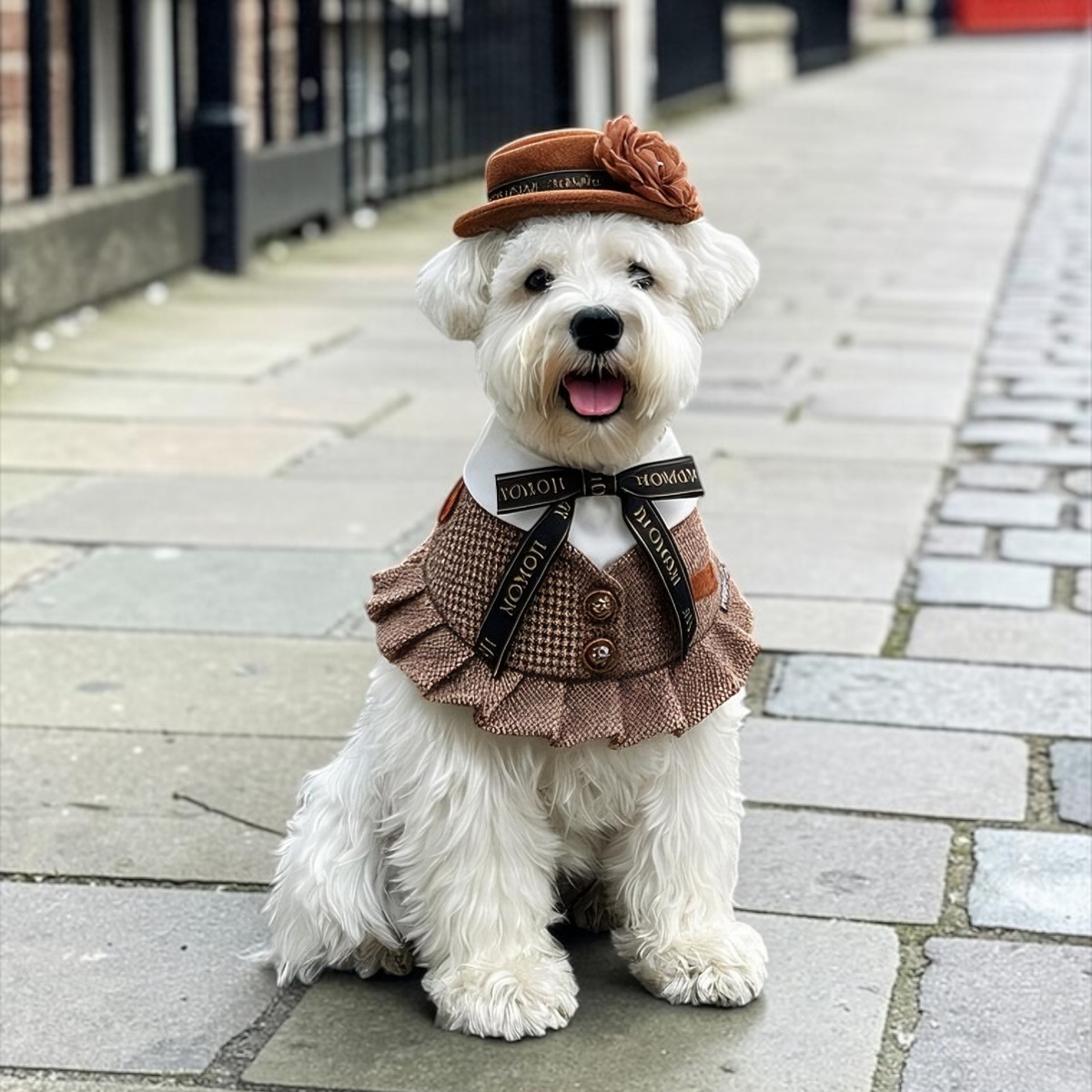 White dog on a cobbled street wearing the Piccadilly rose hat and tweed bandana